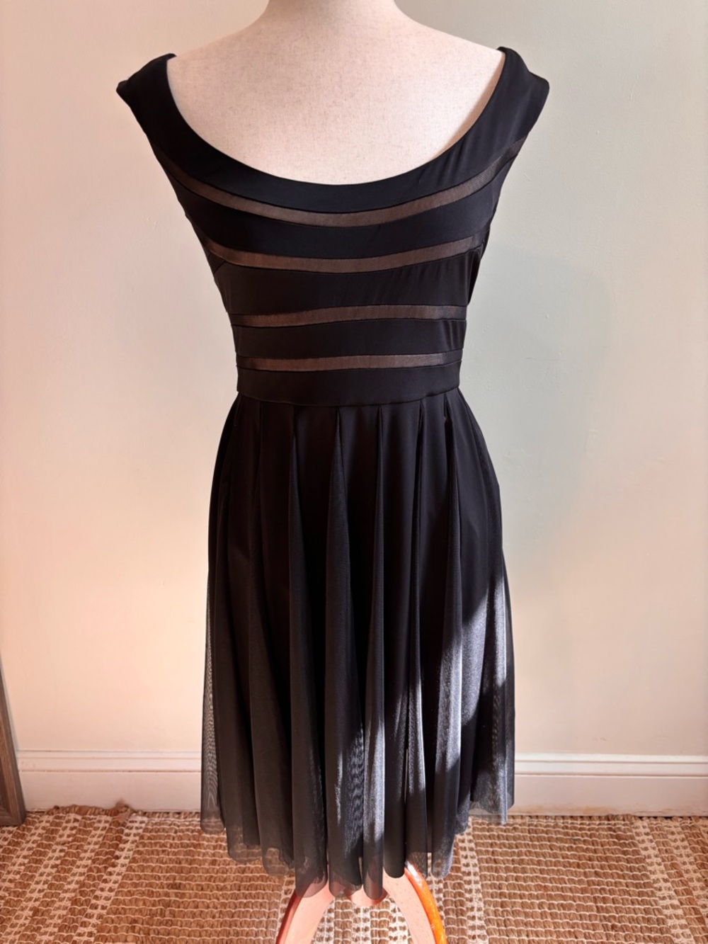 Maggy London Black Sheer Stripe Cocktail Dress Size 6 Fit & Flare Retro Classic
